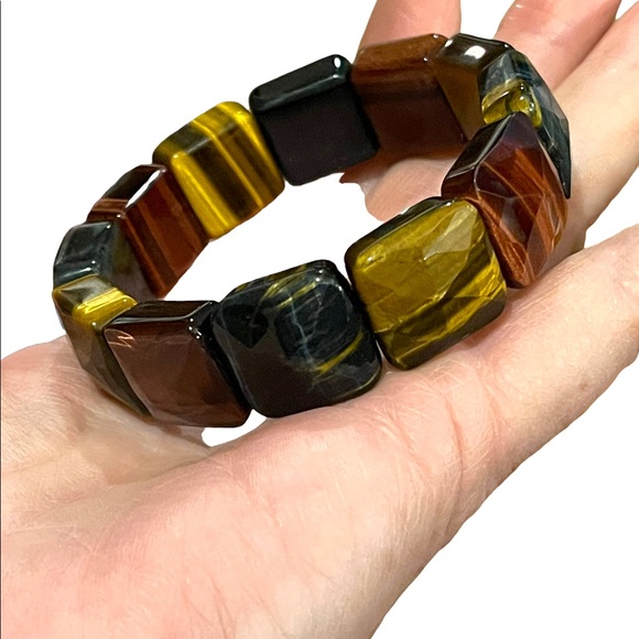 - Kalifano Multi color Heavy Faceted Tiger eye gemstone bangle stretchy br… - Picture 5 of 12